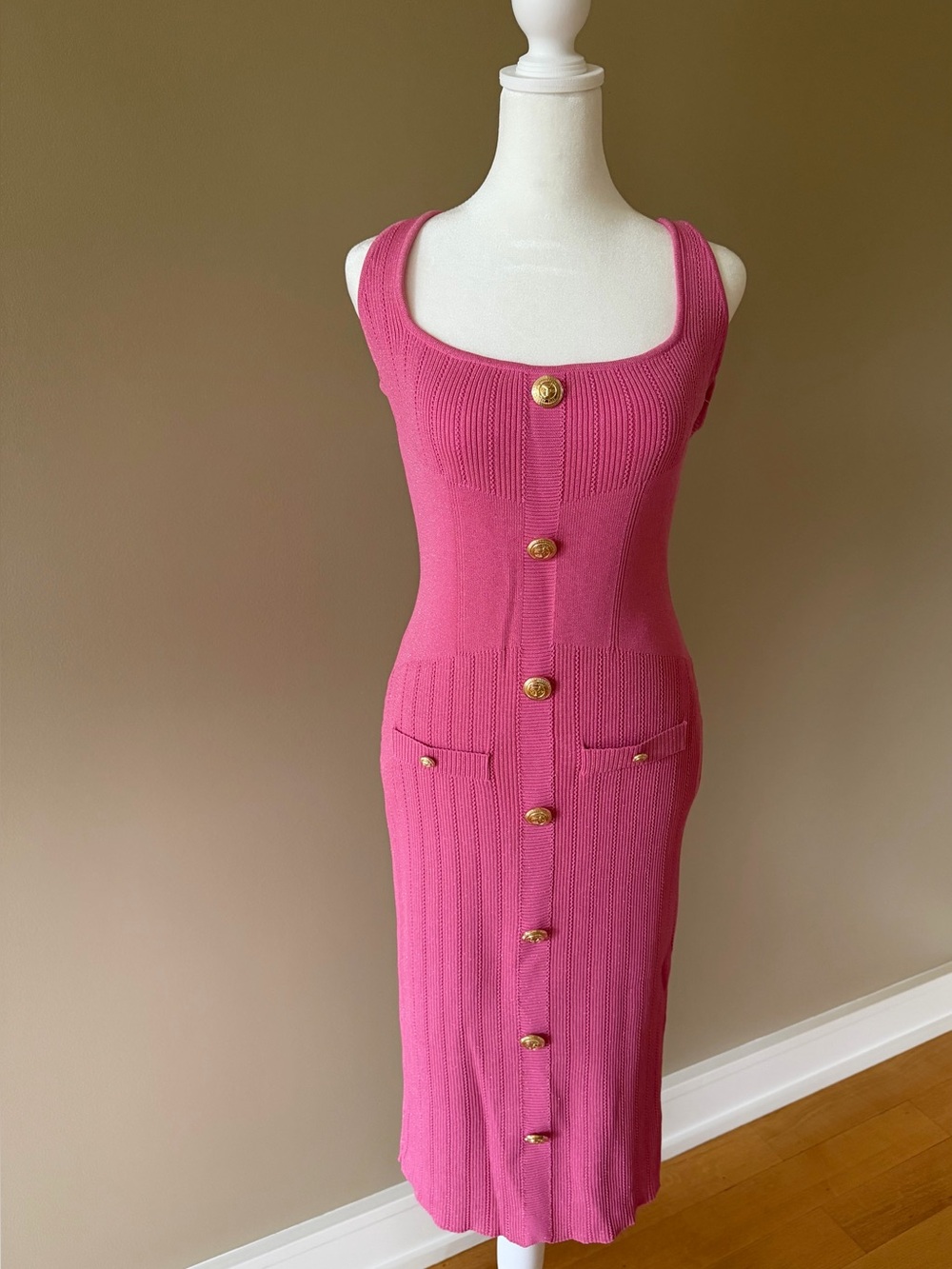 Retrofete Pink Laney Metallic Knit Midi Bodycon Dress